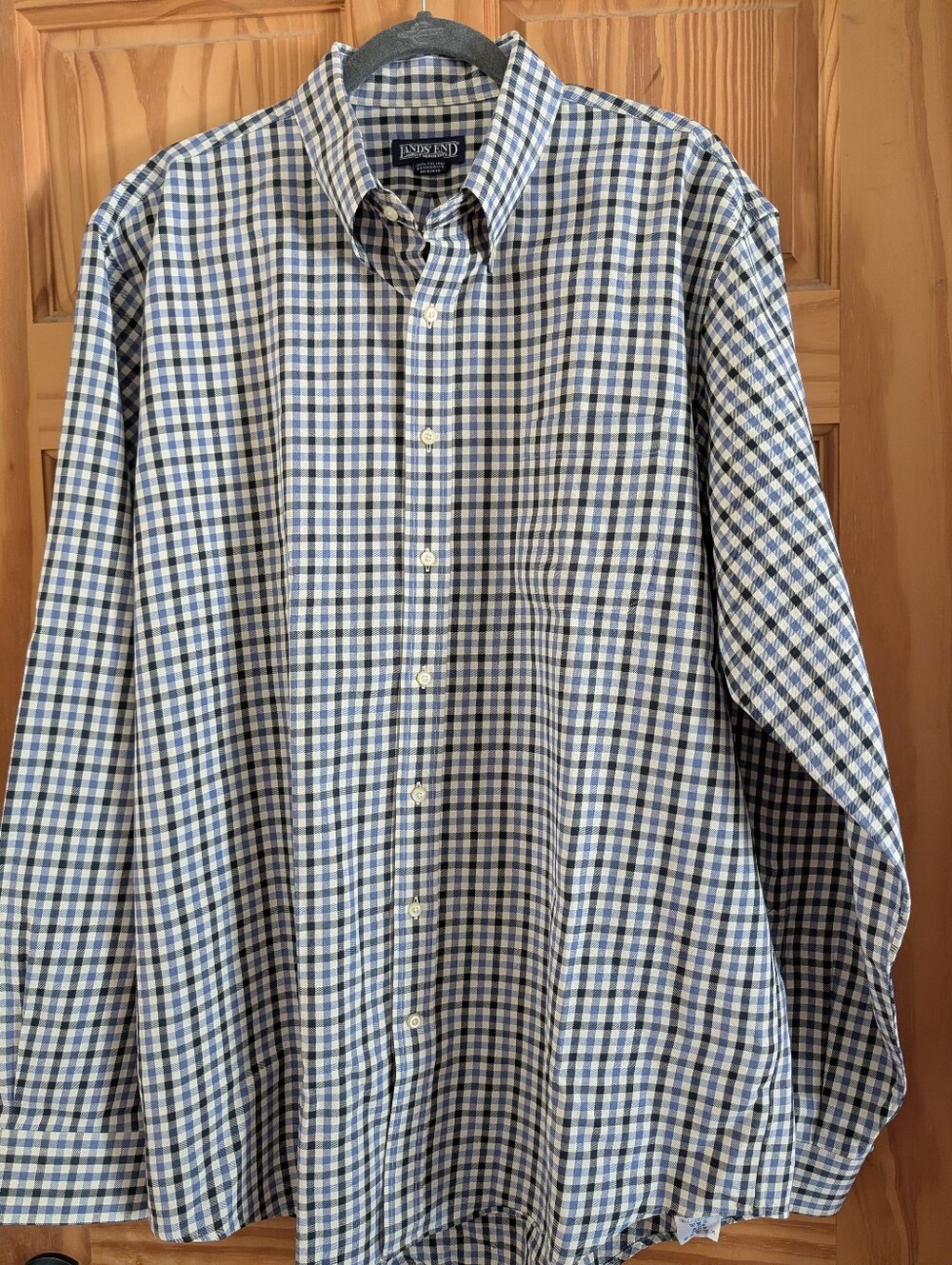 Lands' End Men's 17.5-37 Tall Blue Black Classic Gingham Casual Dress Shirt New